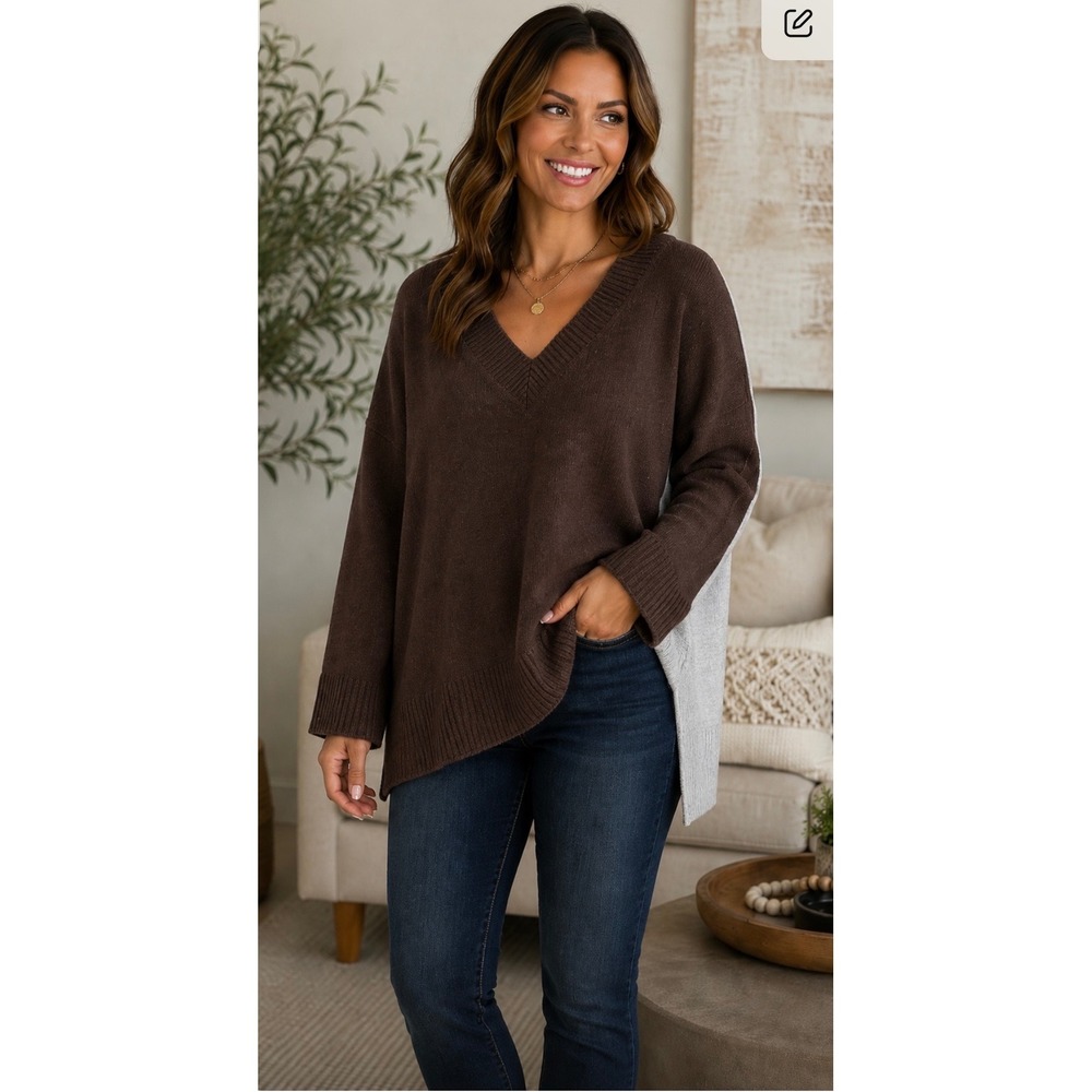 NWT Vince Camuto Womens Colorblock V-Neck Sweater Brown Grey High-Low L